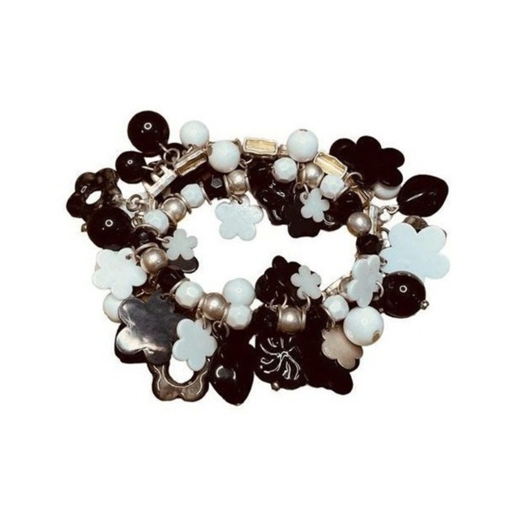Vintage Beaded Bracelet Black White Silver Tone Metal‎ Chain Flower Bead